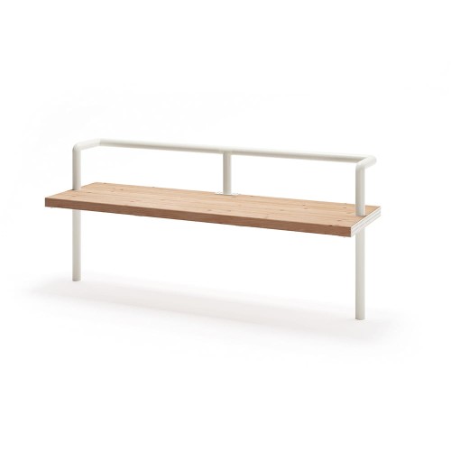 Holmen 3 Seater Public Backrest Bench with white metal frame and wooden seat.