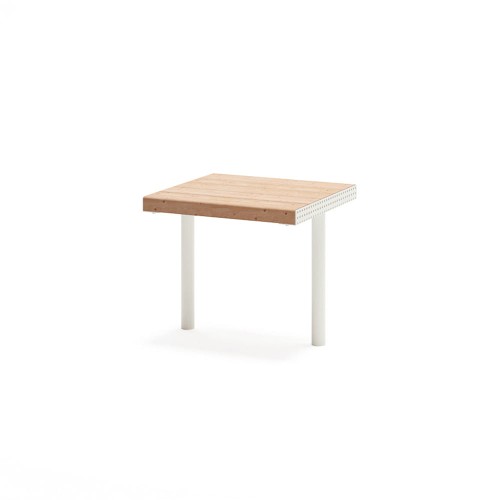 Holmen Outdoor Stool with wooden seat and white metal legs.