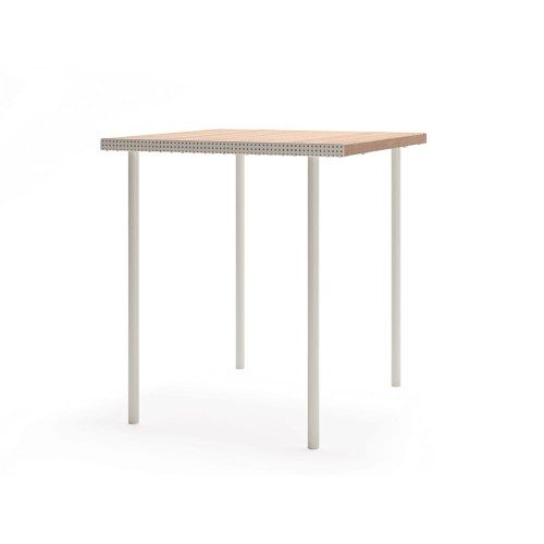 Holmen Outdoor Bar Table 4 Seats with white legs and wooden top.