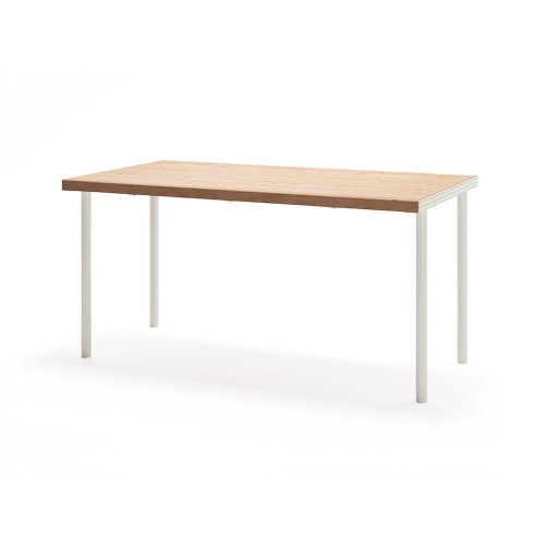 Holmen Outdoor Table 150 cm with white legs and wooden top, seats 4-6 people.
