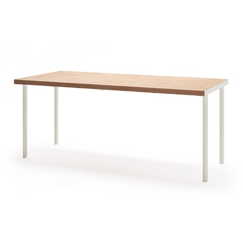 Table d'extérieur Holmen 180 cm pour 6-8 personnes, plateau en bois et pieds métalliques blancs.