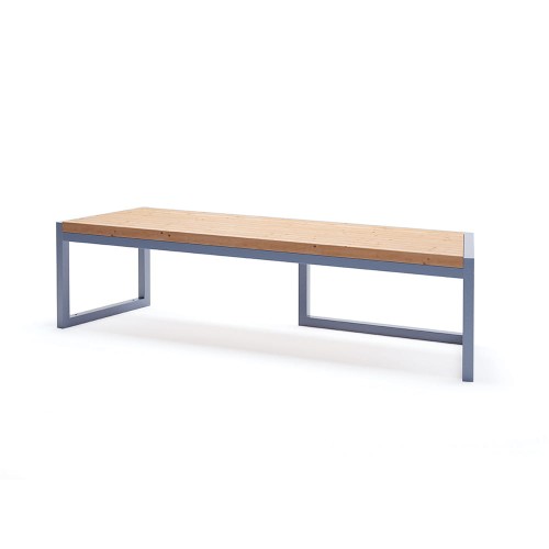 Christiania 4 Seater Public Backless Bench with wooden seat and metal frame.