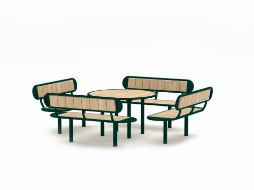 Nordhavn-Set: Moderner Tisch mit vier Bänken aus Holz und Metall.