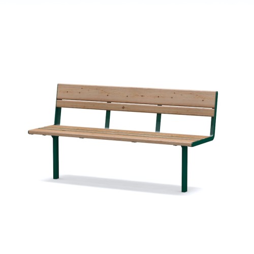 Latinerkvarteret 3 Seater Public Backrest Bench, wooden slats with green metal frame.