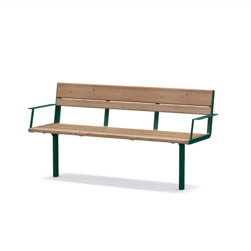 Latinerkvarteret 4 Seater Public Backrest Bench w/ Armrest in green and wooden finish digital image.