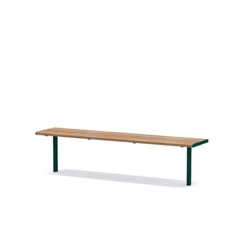 Banc public sans dossier 4 places en bois avec structure en métal vert.