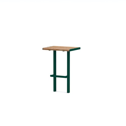Latinerkvarteret Outdoor Bar Stool with Footrest, wooden seat and dark green metal frame.
