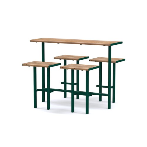 Set de Bar Latinerkvarteret avec table et quatre tabourets en bois et métal.