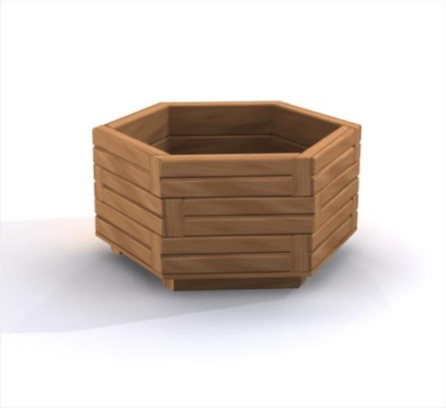 Holzblumentopf IV, sechseckiger Holzkübel.