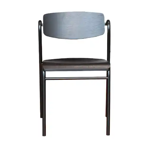 Chaise moderne de salle à manger avec cadre en métal et assise en bois, empilable.