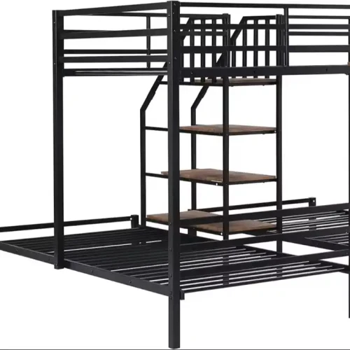 Triple Bunk Bed For Adult with Metal Frame and Wooden Steps.