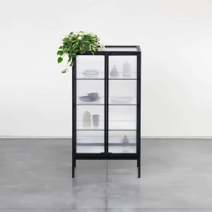 Bibliothèque en verre Odean moderne de petite taille pour cuisine, salon, salle à manger, appartement avec matériau métallique.