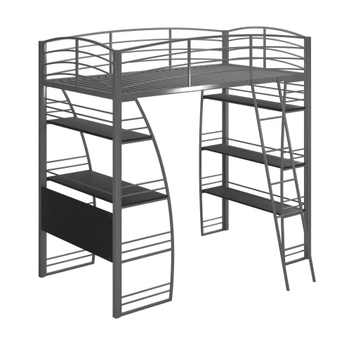 Zweischicht-Metall-Etagenbett mit Metallrahmen, Treppe und Bücherregal.