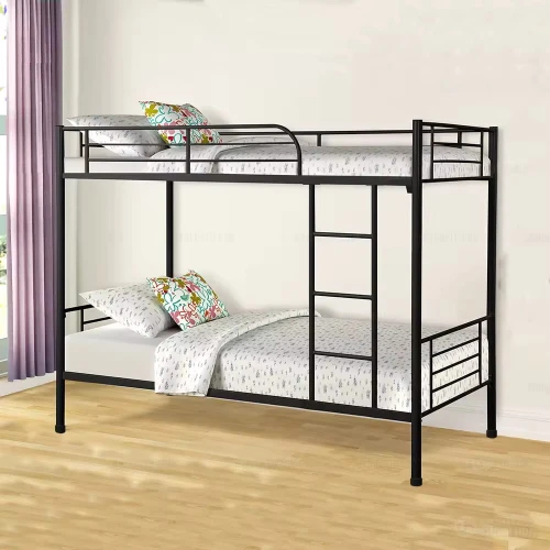 Modern metal frame bunk beds with matching bedding in a bright room.