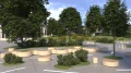 Valby Outdoor Stool | 63 cm in a landscaped urban park setting.