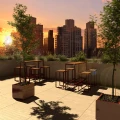 Frederiksberg Outdoor Bar Table with Footrest on rooftop at sunset.