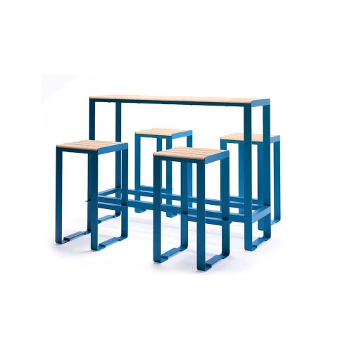 Frederiksberg Bar Set: Table &amp; 4 Bar Stools, blue with wooden seats.
