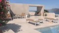 Hellerup 4 Seater Public Backless Bench in a modern outdoor patio by the pool.