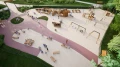 Playground with wooden structures, swings, and seating areas.
