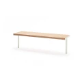 Holmen 3 Seater Public Backless Bench with wooden seat and white metal legs.