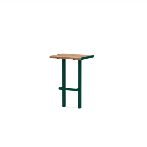 Latinerkvarteret Outdoor Bar Stool with Footrest, wooden seat and dark green metal frame.
